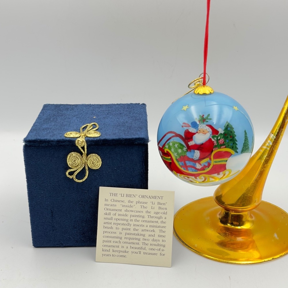 Li Bien Inside Painted Glass Christmas Ornament Santa Sleigh‎ Reindeer Blue Box